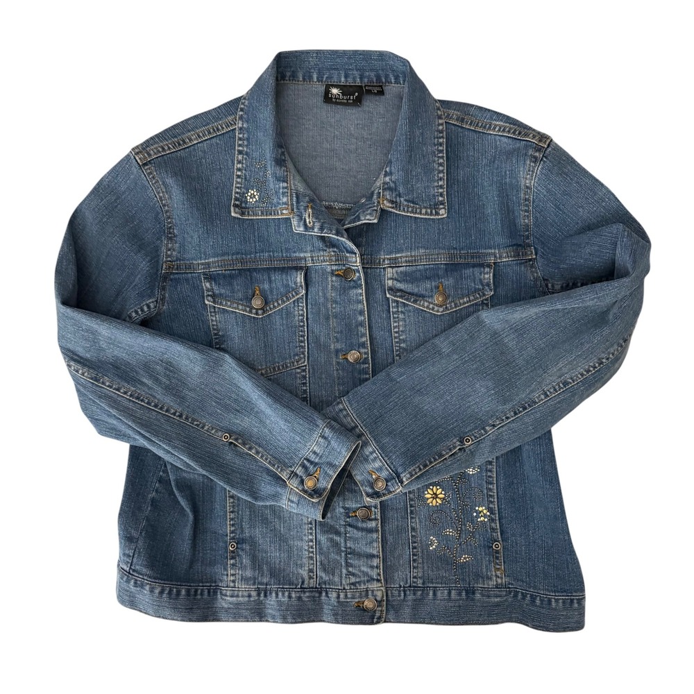 90's Sunburst Denim Jacket Women L Blue Floral Studded Rhinestone Trucker Coat - Picture 8 of 16